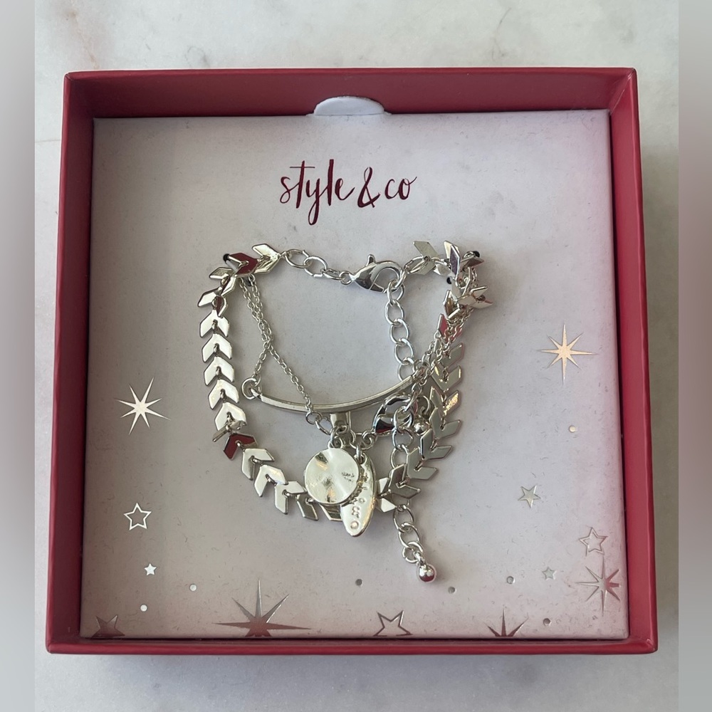 Style & Co Two Set piece Silver Tone disc charm, & chevron bracelets  Gift Box
